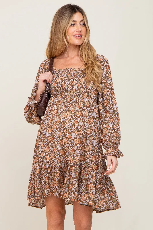 Women's maternity dress drawstring -Mocha Floral Smocked Square Neck Maternity Dress