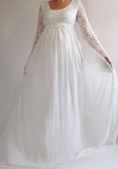 Women's maternity dress holiday -Maternity Empire Chiffon Long Sleeve Simple/Casual High Waist Sweep Train Wedding Dress