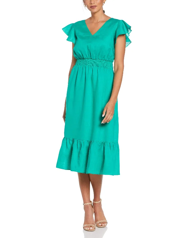 Ladies maxi dress keyhole -Linen V-Neck Ruffle Sleeve Maxi Dress