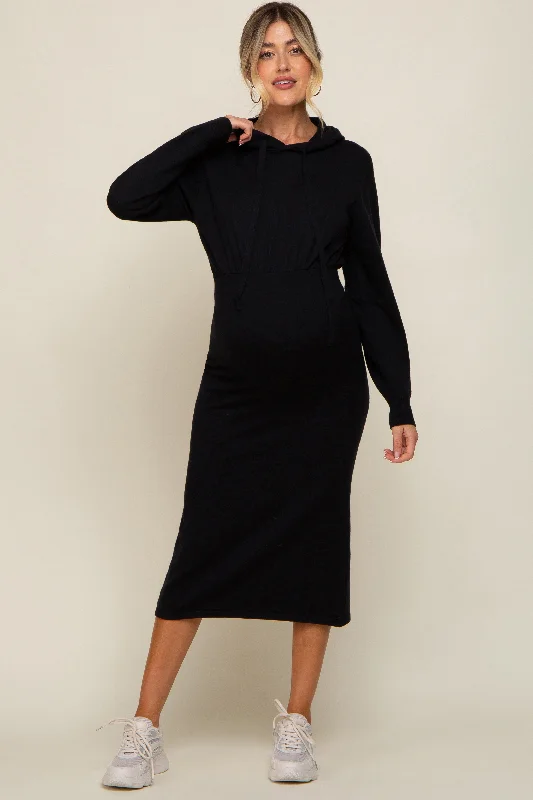 Women's maternity dress gradient -Black Knit Hooded Long Sleeve Maternity Dress