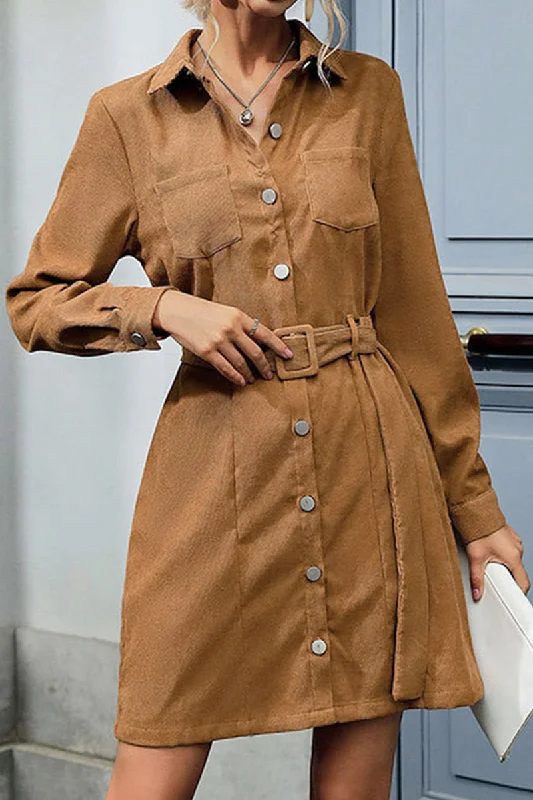 Women's shirt dress workday style -WAIST BELT BUTTON DOWN CORDUROY SHIRTS DRESS