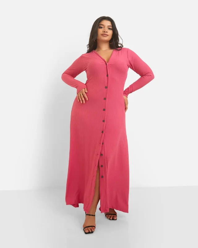 Ladies maxi dress youthful -Devoted Ribbed Button Front Maxi A Line Dress | Fuchsia