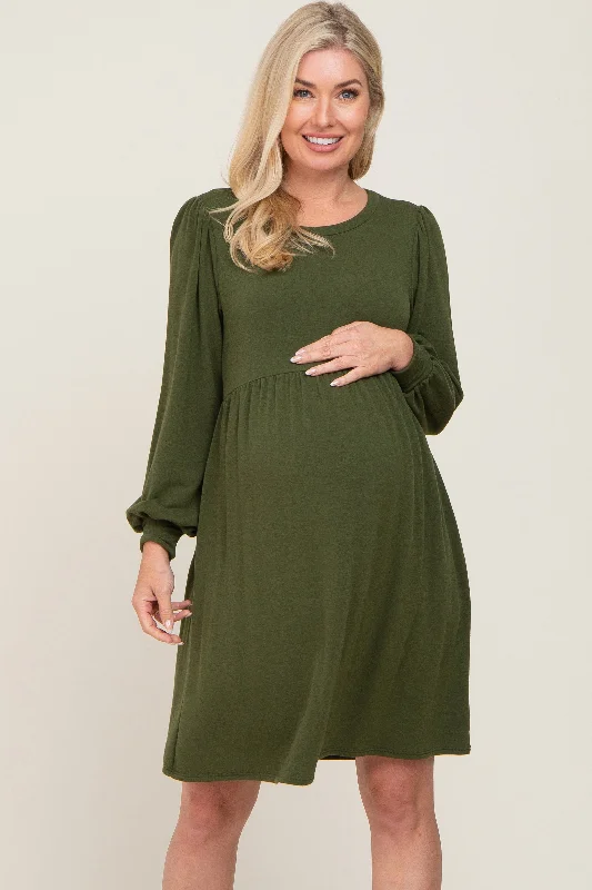 Women's maternity dress eco friendly -Olive Terry Knit Long Sleeve Maternity Dress