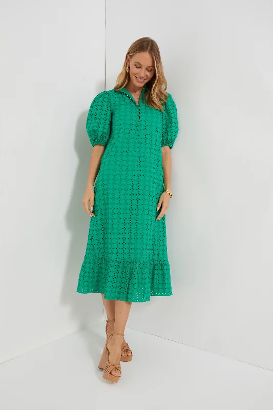 Women's midi dress date night -Green Eyelet Midi Tryall Dress