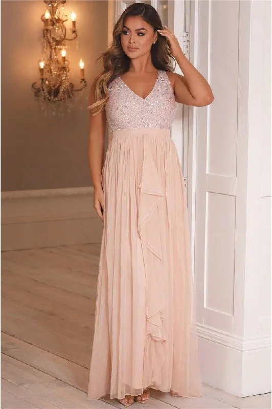 Ladies maxi dress choker neck -V-Neck Sequin Maxi Dress Pink