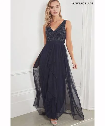 Ladies maxi dress casual event -Embellished V-Neck Maxi Dress Navy