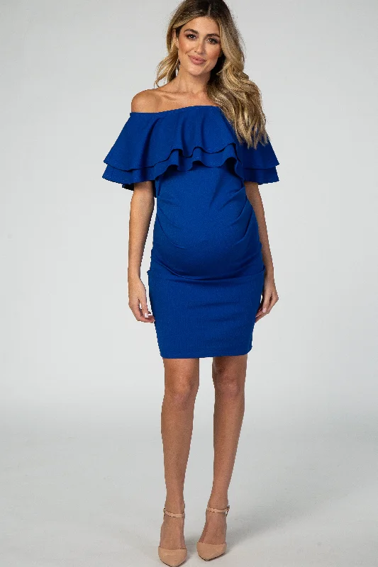 Women's maternity dress side slit -Royal Blue Off Shoulder Ruched Maternity Dress