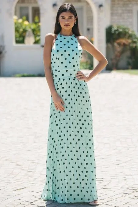 Ladies maxi dress boho -Polka Dot Halterneck Maxi Dress Mint