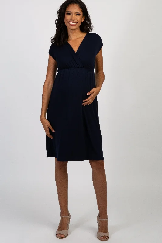 Women's maternity dress smocked -PinkBlush Navy Blue Draped Maternity/Nursing Dress