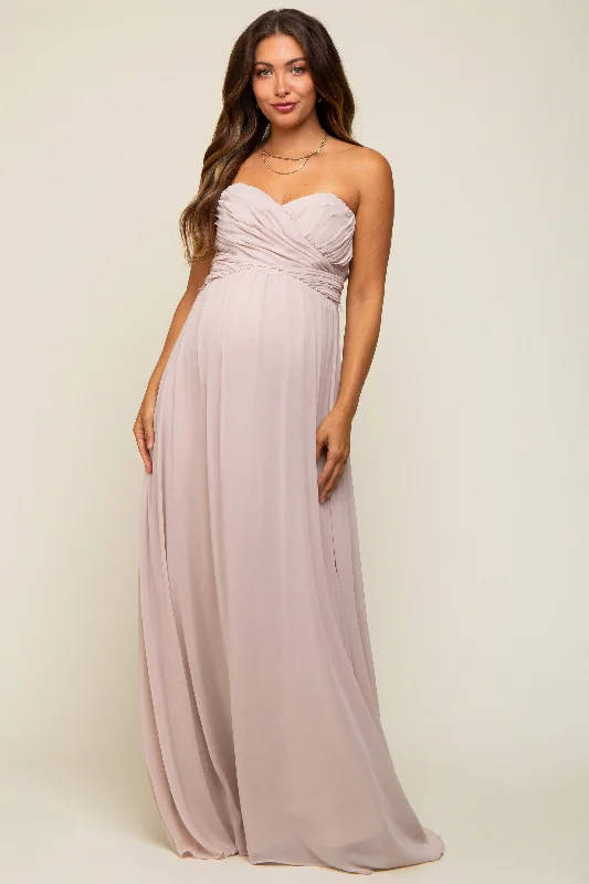 Women's maternity dress supportive -Taupe Sweetheart Convertible Chiffon Maternity Gown