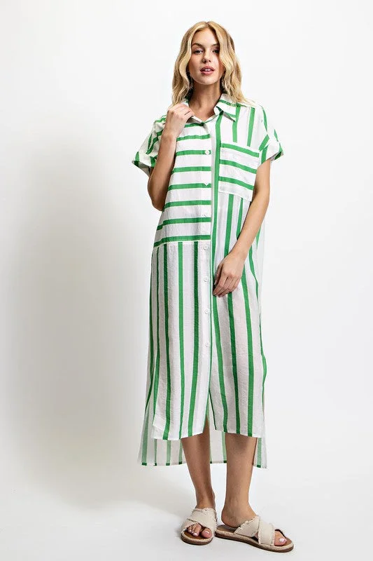 Women's shirt dress bold stripe -Green Striped Shirt Dress