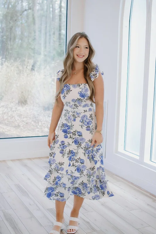 Women's midi dress custom -Blue & White Floral Ruffle Tiered Midi Dress