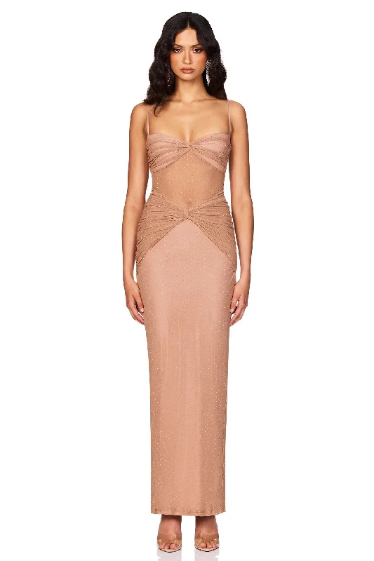 Ladies maxi dress tailored -Nookie Crystal Mesh Maxi Dress - Nude