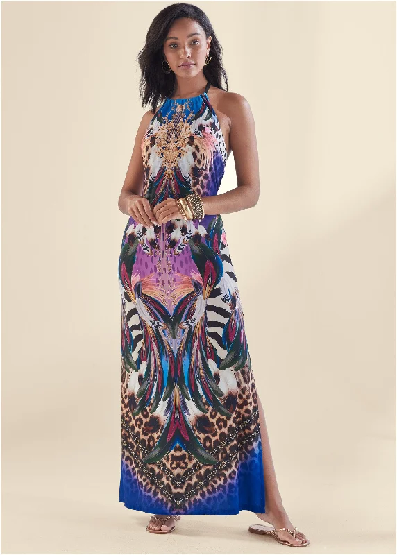 Ladies party dress feather -Jungle Party Halter Dress  - Purple Multi