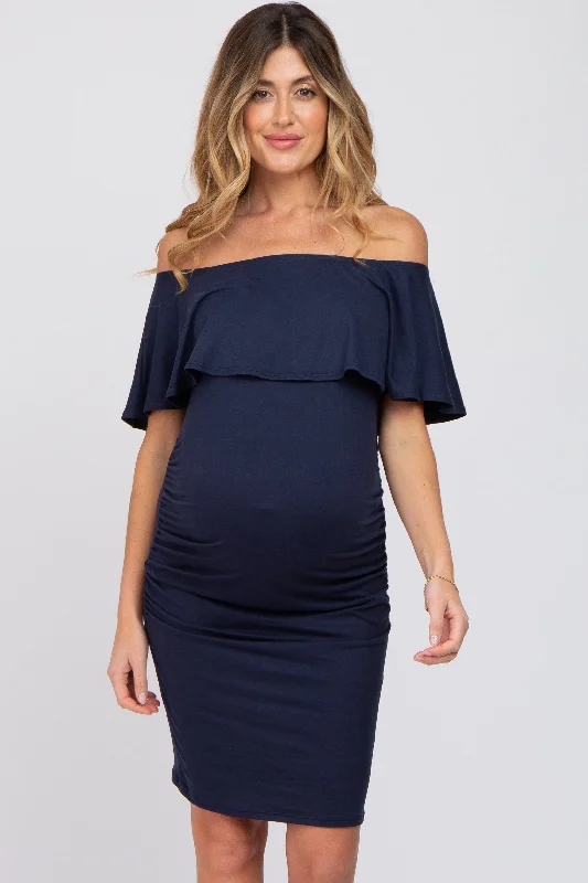 Women's maternity dress camouflage -Navy Blue Off Shoulder Fitted Maternity Dress