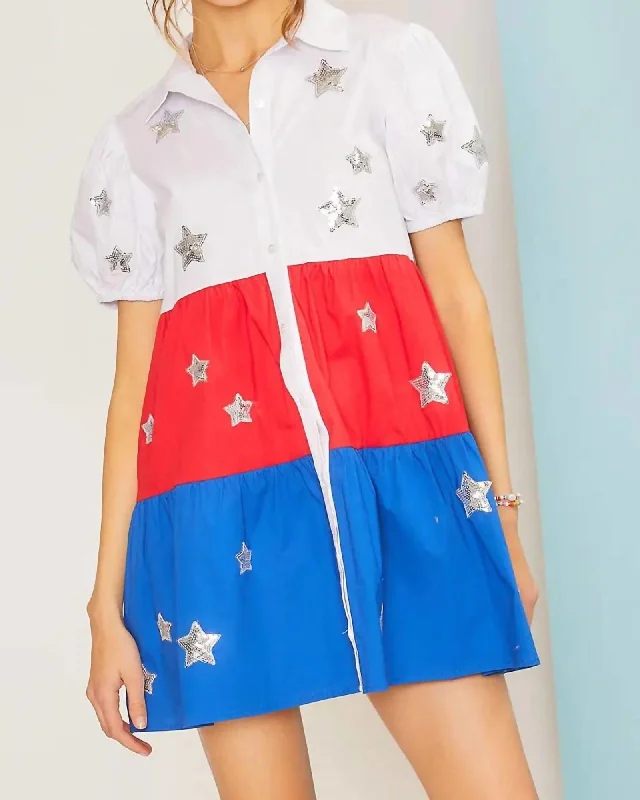 Women's shirt dress relaxed twill -Star Patch Shirt Dress in Multi | Multi