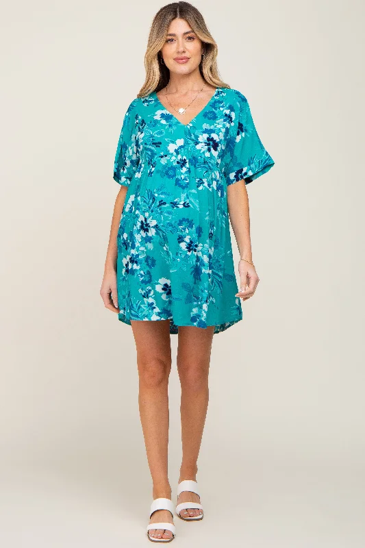 Women's maternity dress zebra print -Teal Tropical Floral V-Neck Short Sleeve Maternity Dress