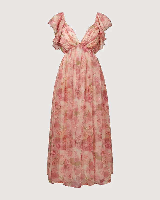 Women's midi dress designer -Rachel Parcell | Chiffon Ruffle Midi Dress | Blurred Floral Chalk Pink