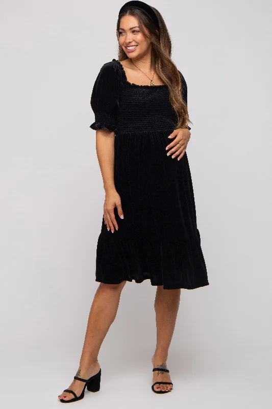 Women's maternity dress lightweight -Black Velvet Smocked Puff Sleeve Maternity Dress