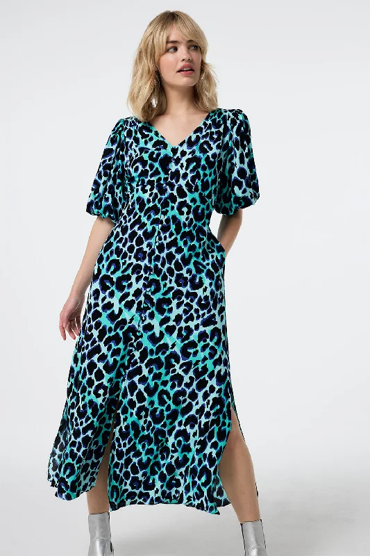 Women's midi dress camouflage -Turquoise with Black and Blue Shadow Leopard Puff Sleeve Midi Tea Dress