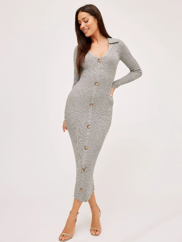 Women's midi dress orange -Everly Collar Knitted Midi Dress / Grey