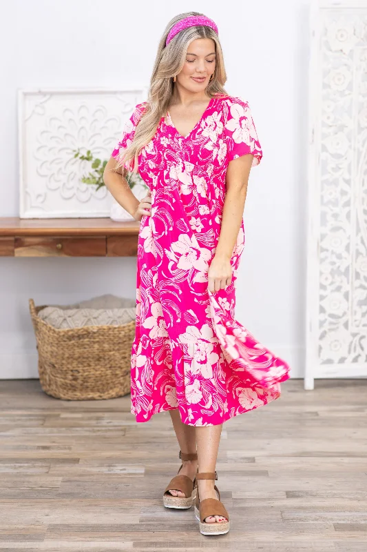 Women's midi dress daytime -Pink Floral Print V-Neck Midi Dress