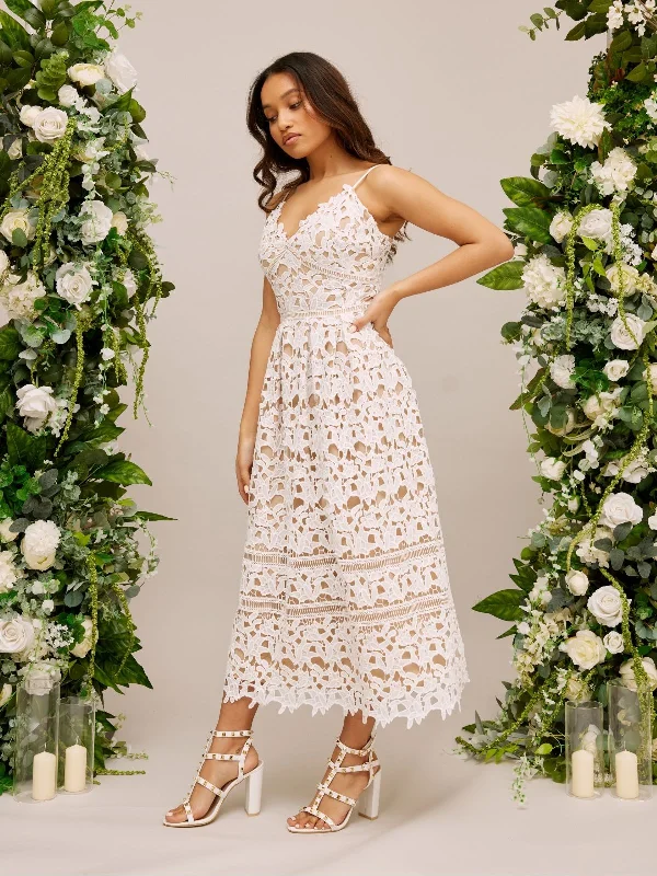 Women's midi dress satin -Lace Strappy Midi Bridal Dress / White