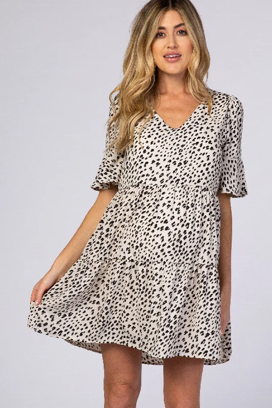 Women's maternity dress modal -Beige Animal Print Ruffle Sleeve Maternity Dress