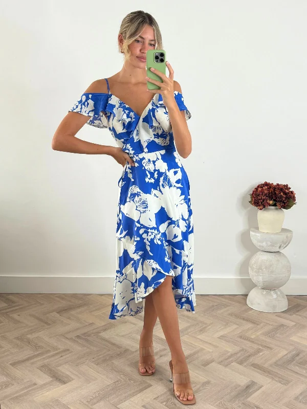 Women's midi dress pink -Harri Cold Shoulder Midi dress / Cobalt Floral