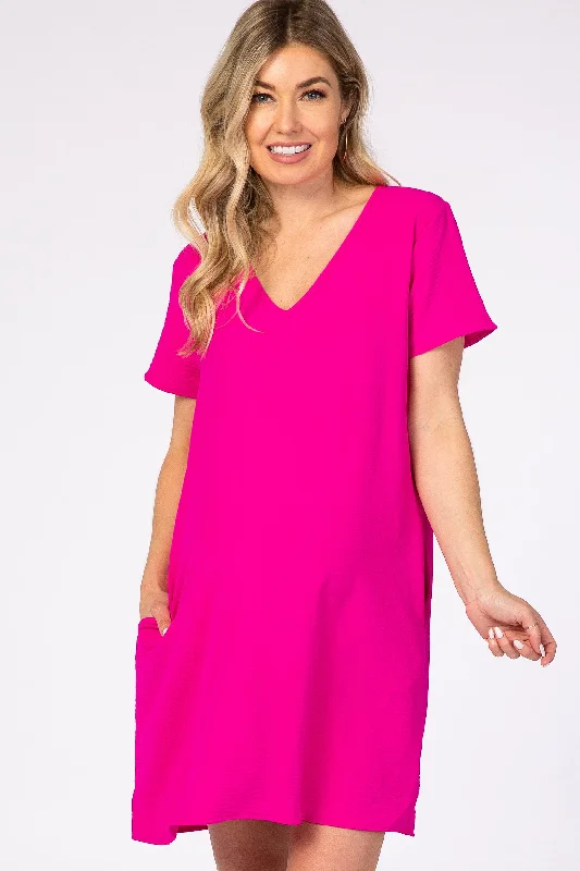 Women's maternity dress lightweight cotton -Pink V-Neck Short Sleeve Maternity Dress