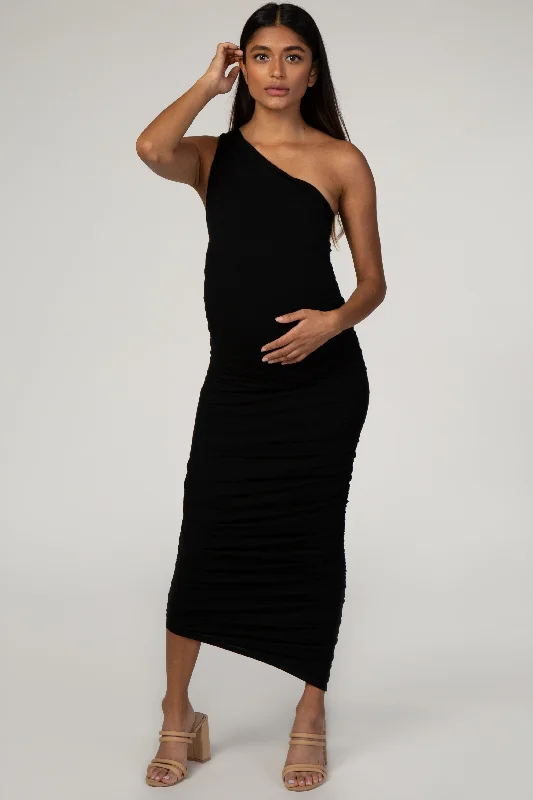 Women's maternity dress smocked back -PinkBlush Black Ruched One Shoulder Maternity Dress