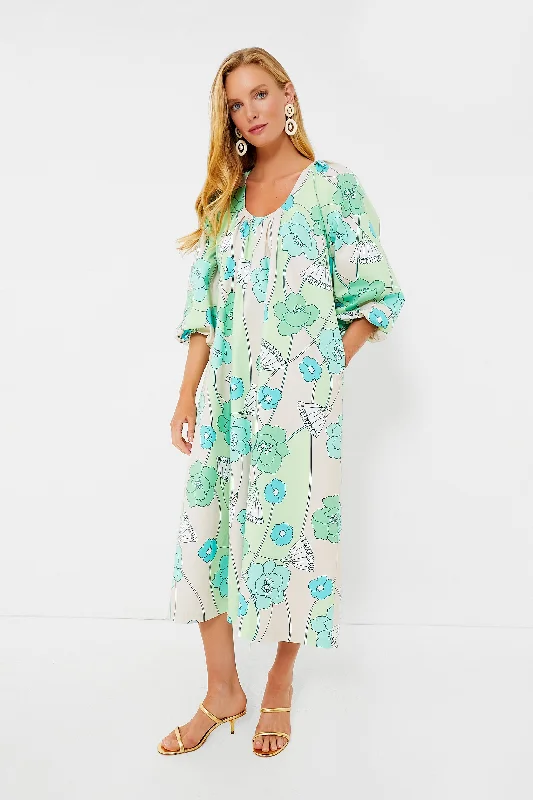 Women's midi dress embroidered -Green and Blue Floral Dorinda Midi Dress