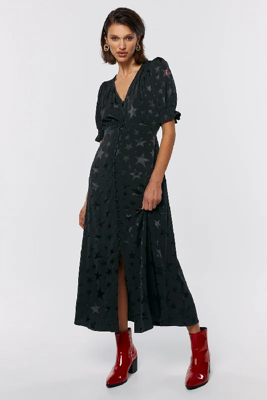 Women's midi dress branded -Black Jacquard Star Flute Sleeve Midi Tea Dress