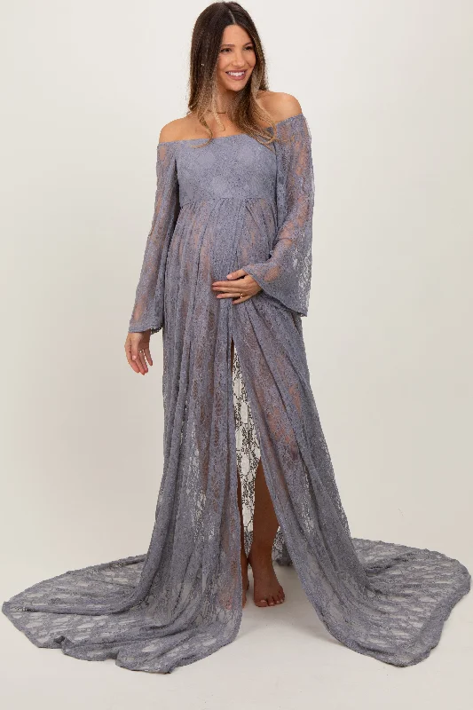 Women's maternity dress sporty -Gray Lace Long Sleeve Off Shoulder Slit Draped Maternity Photoshoot Dress