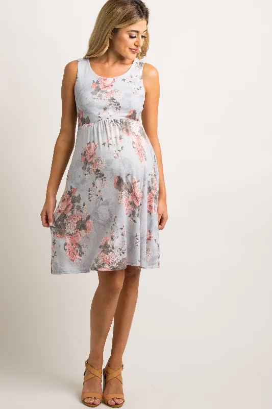 Women's maternity dress affordable -Light Grey Floral Sleeveless Maternity Dress