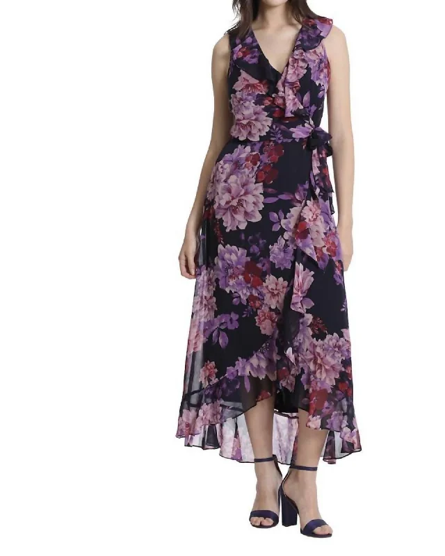 Ladies maxi dress relaxed vibe -Ruffle Hem Maxi Dress In Navy/Purple | Navy/Purple