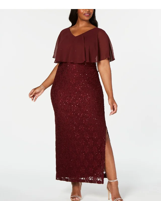 Ladies maxi dress cinched -Connected Apparel Women's  Slitted Lace Short Sleeve V Neck Maxi Formal Sheath Dress Plus Burgundy Size 16W | Purple