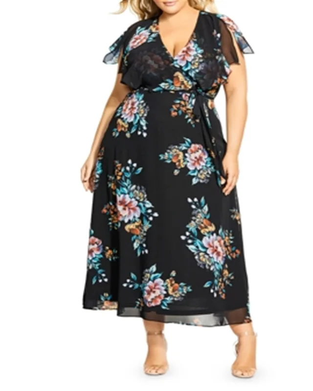 Ladies maxi dress bold hue -City Chic Women's Plus Floral Print Maxi Dress Black Size 18W | Black