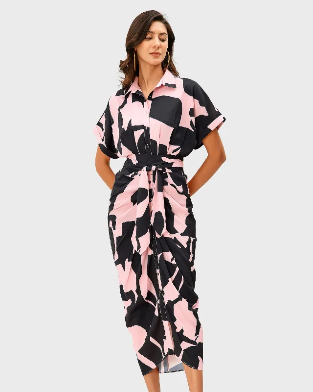 Women's shirt dress tailored cotton -Abstract Print Crepe Pleated Sheath Shirtdress | Pink