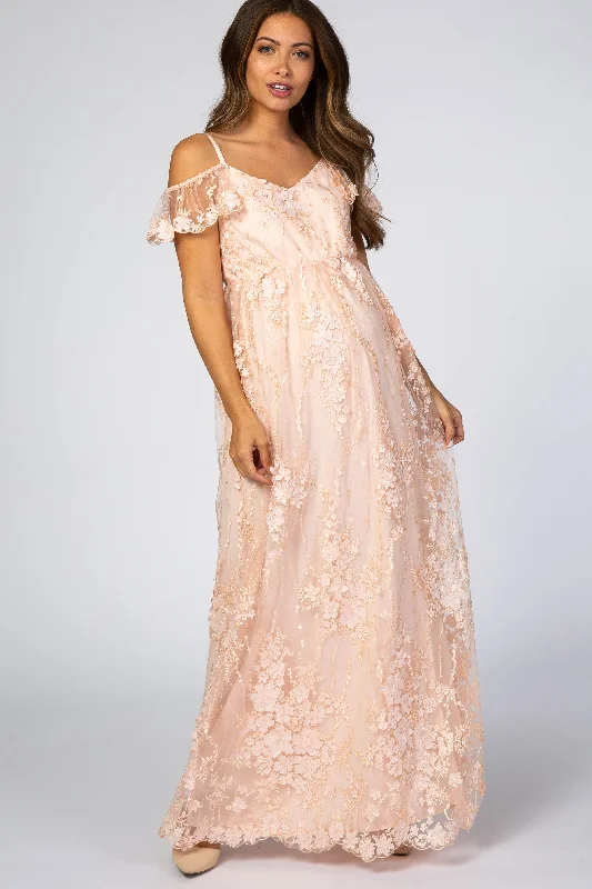 Women's maternity dress maternity fashion -Light Pink Floral Embroidered Mesh Maternity Evening Gown