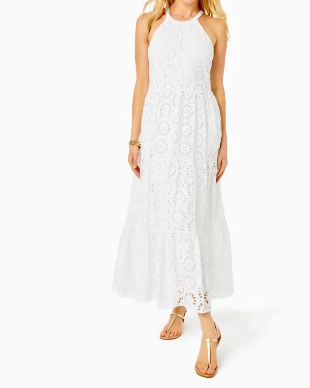 Ladies maxi dress light -Beccalyn Eyelet Maxi Dress in Resort White Oversized Pinwheel Rayon Eyelet | Resort White Oversized Pinwheel Rayon Eyelet