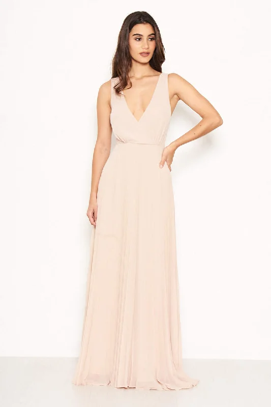 Ladies maxi dress holiday vibe -Nude Pleated Maxi Dress With Lace Straps