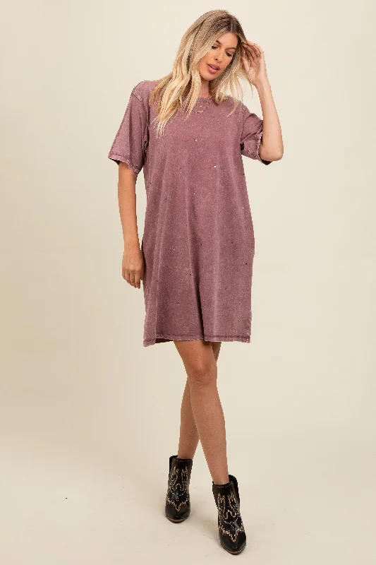 Women's shirt dress soft mustard -Mauve Rhinestone Mineral Washed T-Shirt Dress