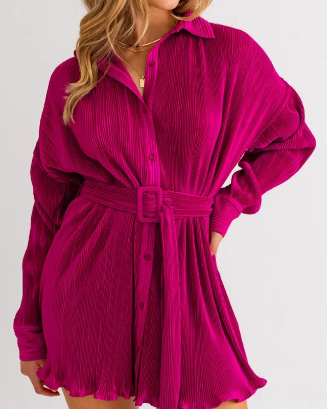 Women's shirt dress crisp collar -So This Is Love Pleated Shirt Dress In Magenta | Magenta