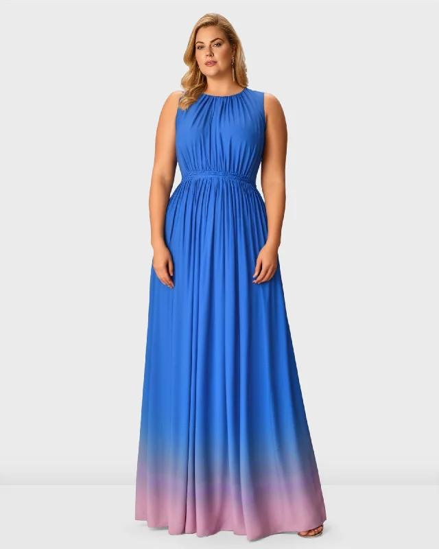 Ladies maxi dress long sleeve -Ruched Ombre Print Crepe Maxi Dress | Blue