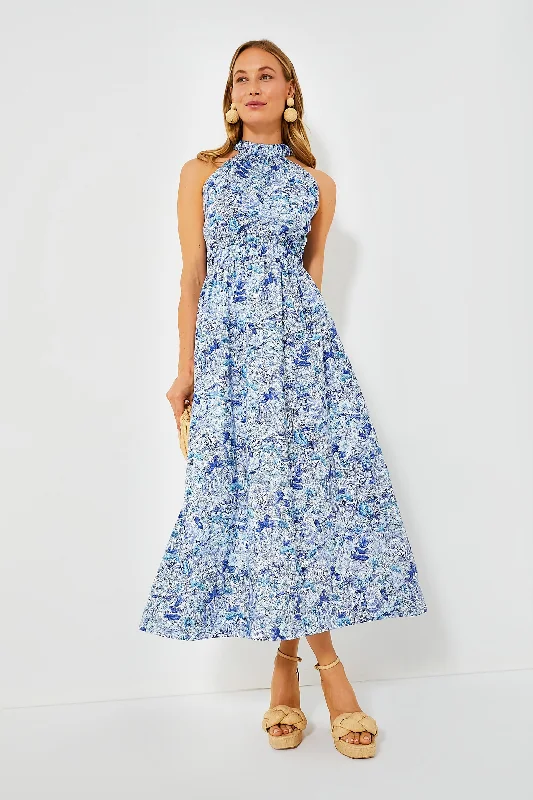 Women's midi dress glitter -Blue Floral High Neck Heidi Midi Dress