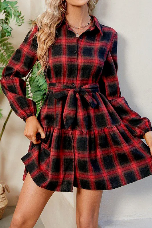 Women's shirt dress weekend casual -WOMEN ELASTIC CUFF BUTTON UP PLAID SHIRTS DRESS