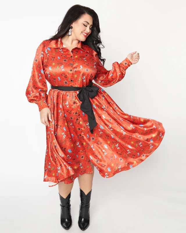 Women's shirt dress summer denim -Unique Vintage Plus Size Rust Red & Western Print Shirtdress | Rust Red & Western Print