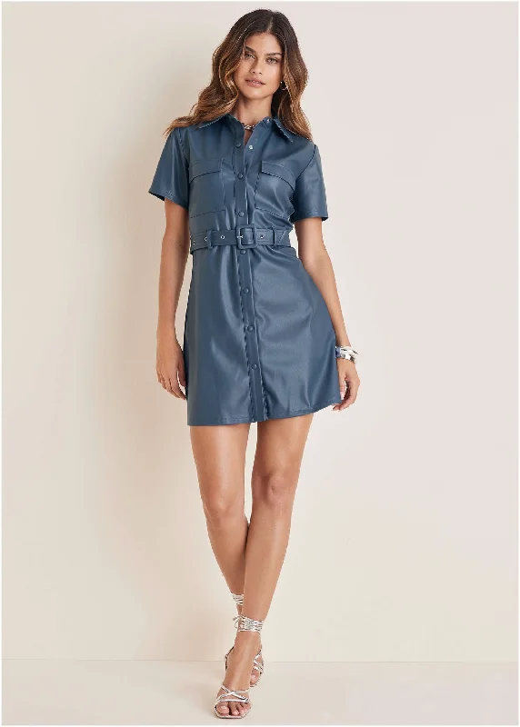 Women's shirt dress breezy plaid -Faux Leather Shirt Dress - Vintage Indigo