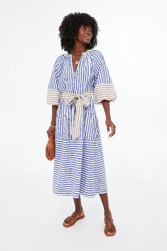 Women's midi dress marble print -Tan and Blue Stripe Combo Sun Mesa Midi